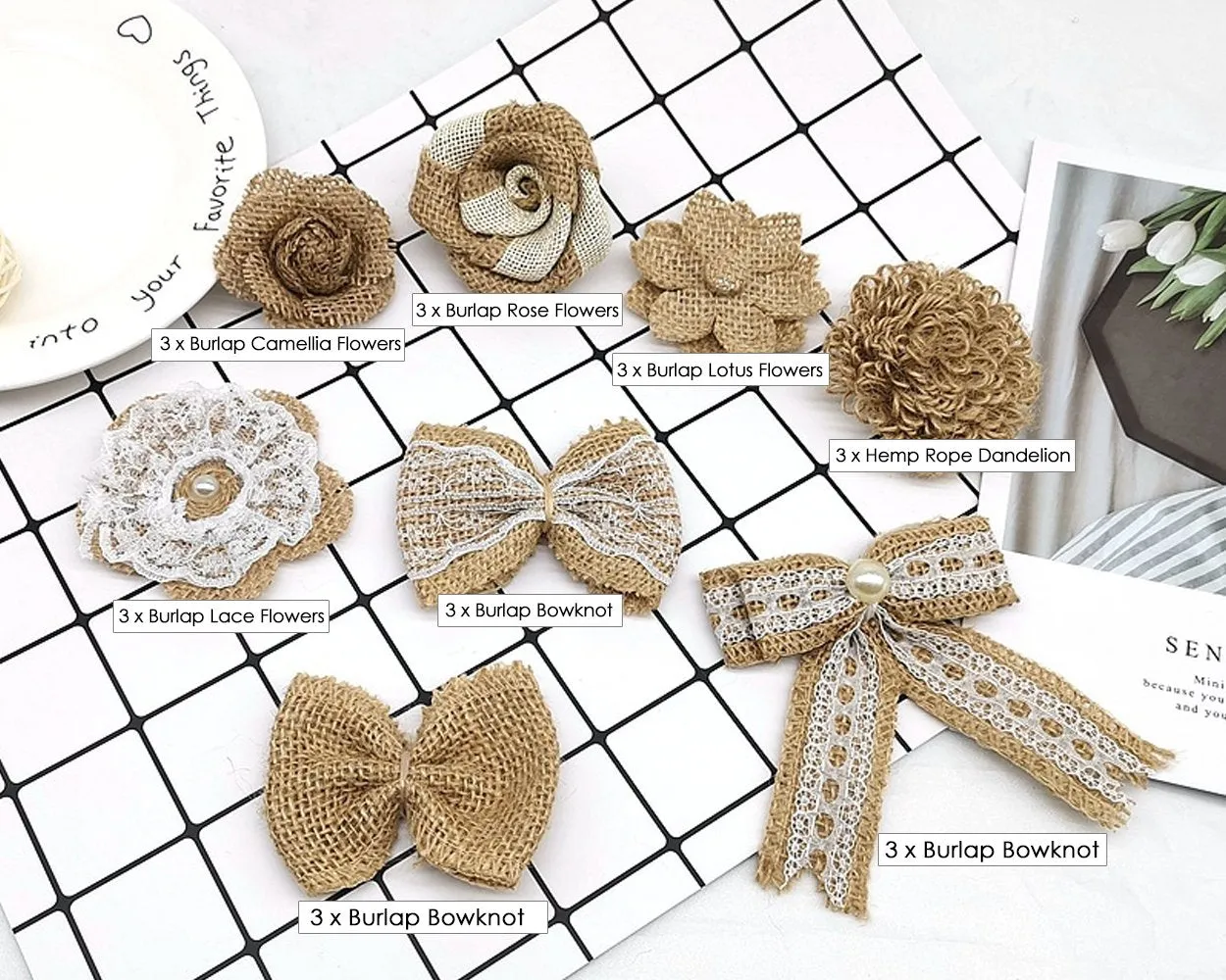 Burlap Flowers 24 Pieces Handmade Rustic Rose Flower Bowknot