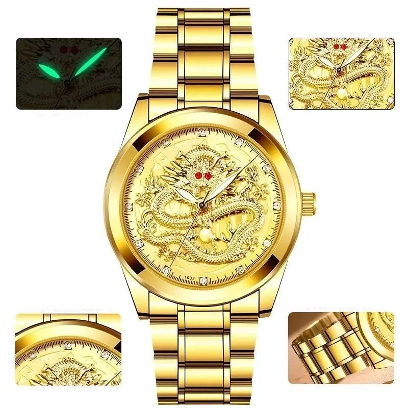 Business Classic Style Dragon Single Folding Buckle Quartz Men's Watches