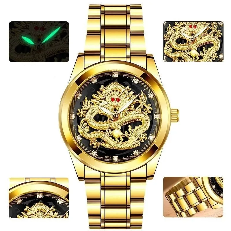 Business Classic Style Dragon Single Folding Buckle Quartz Men's Watches