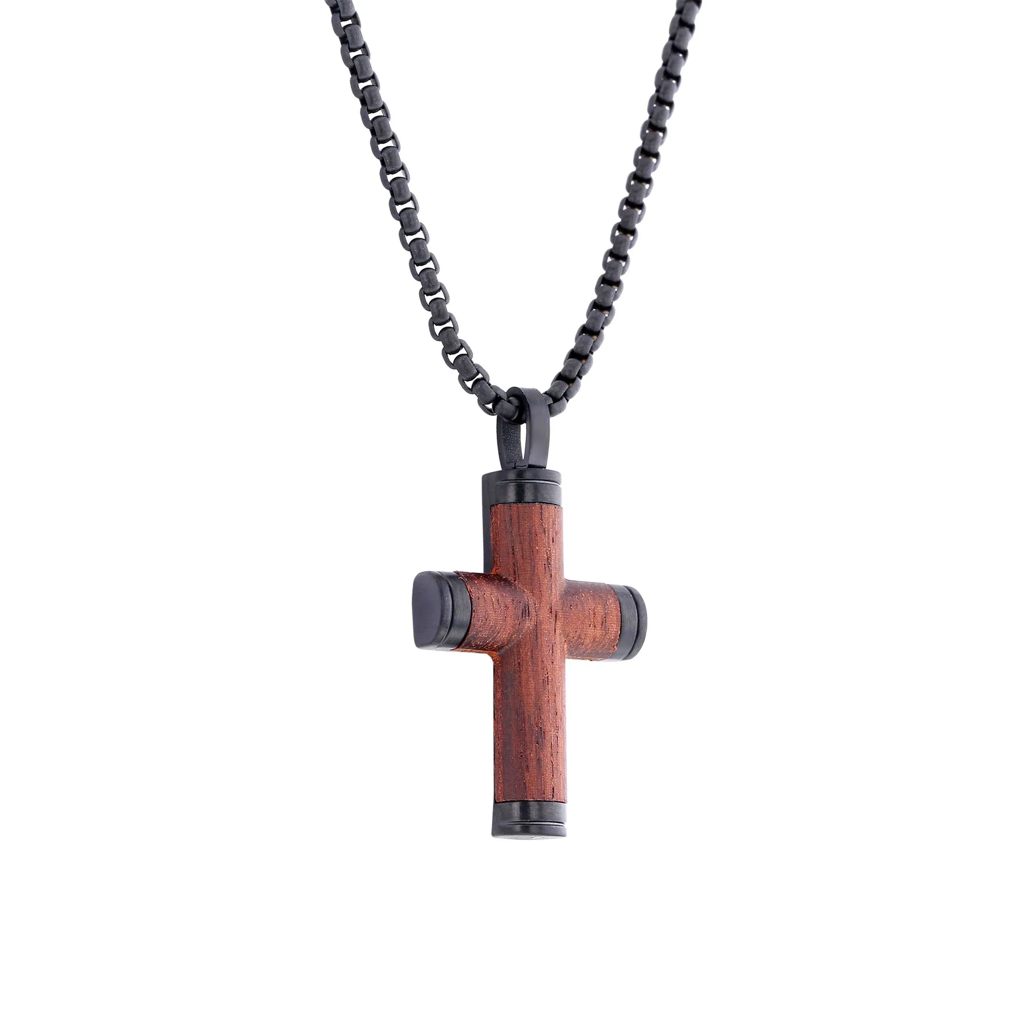 Calvary Stainless Steel and Wood Cross Necklace