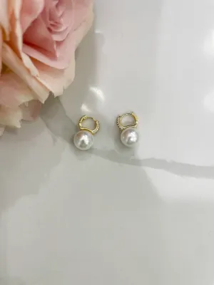 Cream Pearl Rhinestone Hoop Earrings