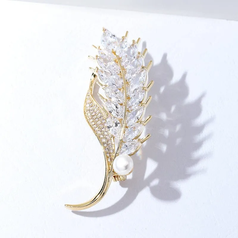 Delicate Wheat Leaf Brooch with Crystals and Pearl