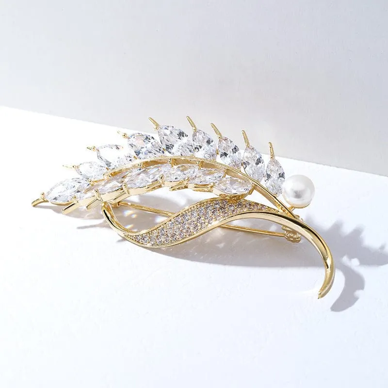 Delicate Wheat Leaf Brooch with Crystals and Pearl