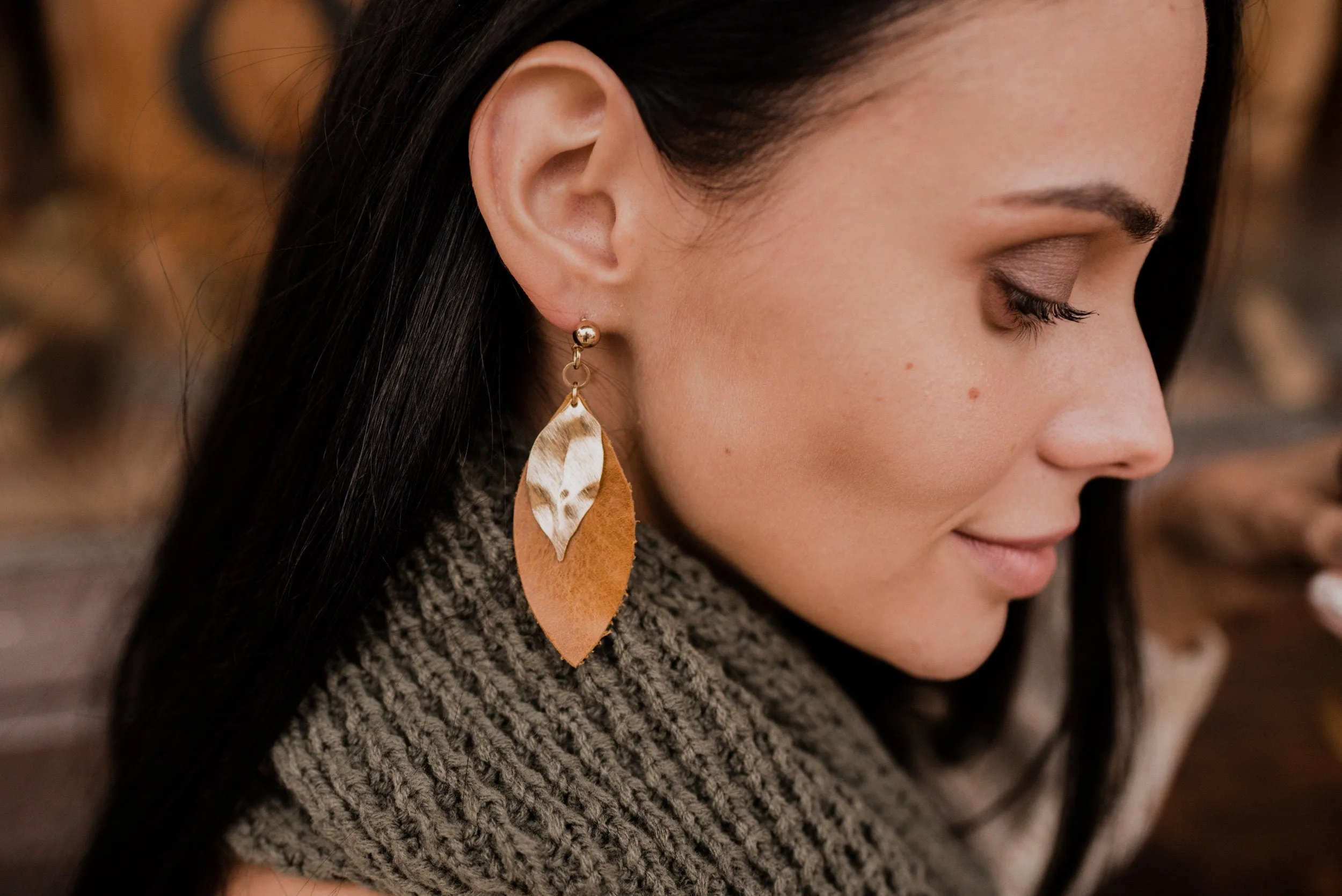 Edgy Earrings - Fall Leaf Autumn Earrings - Modernist Big Stud Earring