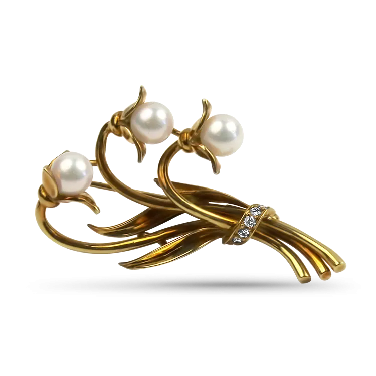 Estate 18K Yellow Gold Pearl and Diamond Floral Tiffany & Co Brooch