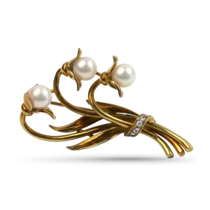 Estate 18K Yellow Gold Pearl and Diamond Floral Tiffany & Co Brooch