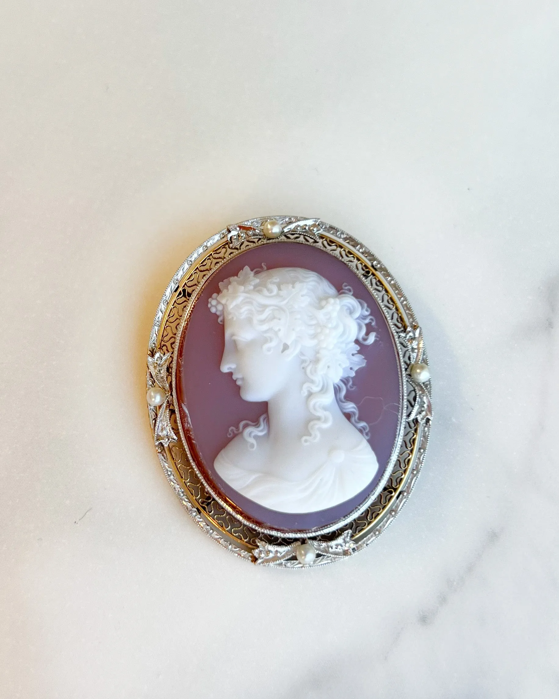 Estate Edwardian 14K Yellow and White Gold Cameo Brooch