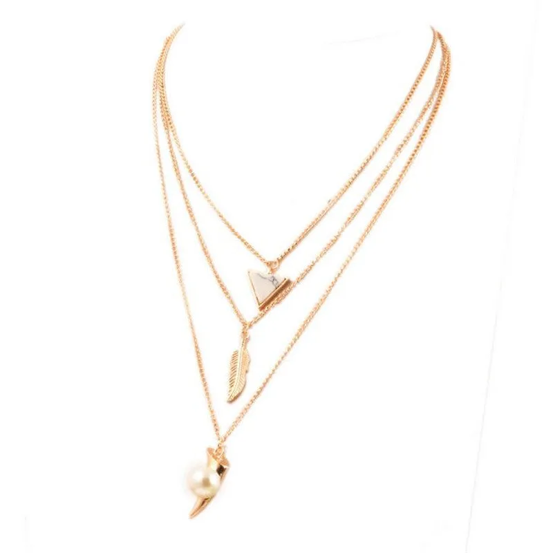 Ethnic Gold Coin Leaves Triangle Bar Round Necklace