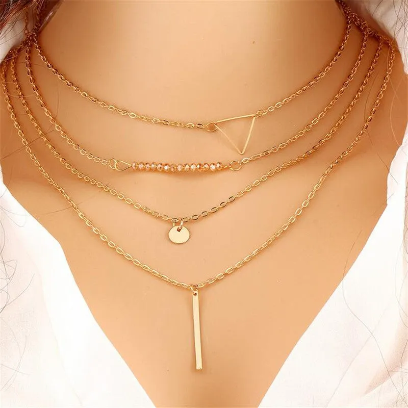 Ethnic Gold Coin Leaves Triangle Bar Round Necklace