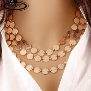 Ethnic Gold Coin Leaves Triangle Bar Round Necklace