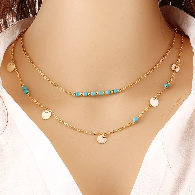 Ethnic Gold Coin Leaves Triangle Bar Round Necklace