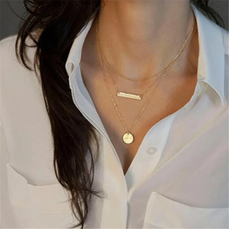 Ethnic Gold Coin Leaves Triangle Bar Round Necklace