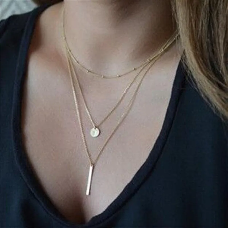 Ethnic Gold Coin Leaves Triangle Bar Round Necklace