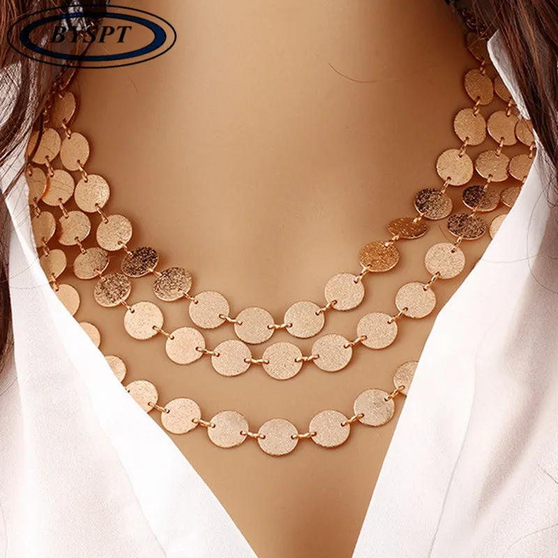 Ethnic Gold Coin Leaves Triangle Bar Round Necklace