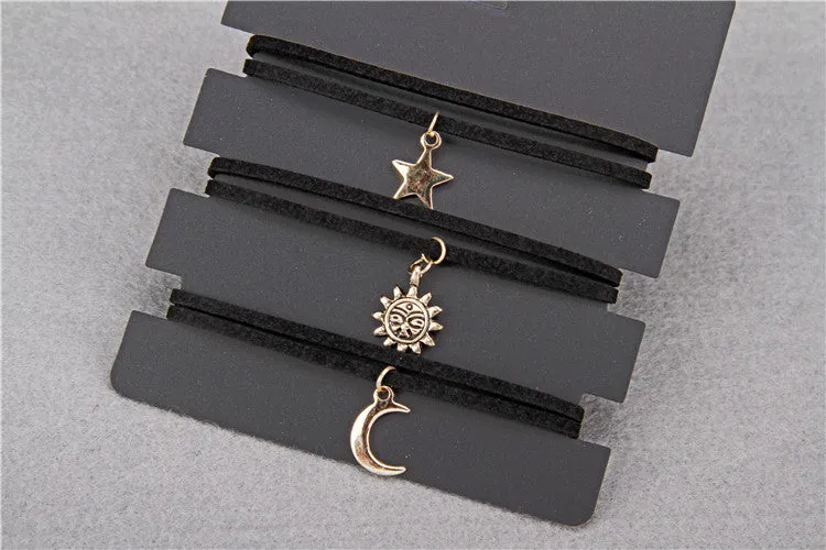 Fashion 3 Pcs Sets Star Moon Sun Chokers Necklaces Alloy Pendants Maxi Necklaces For Unisex Hot-selling Necklace Sets