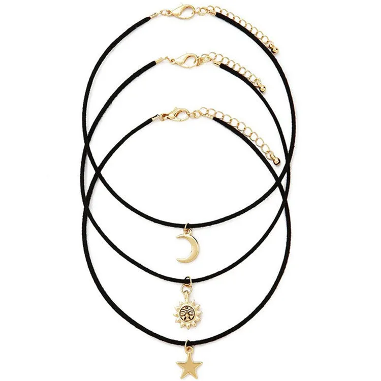 Fashion 3 Pcs Sets Star Moon Sun Chokers Necklaces Alloy Pendants Maxi Necklaces For Unisex Hot-selling Necklace Sets