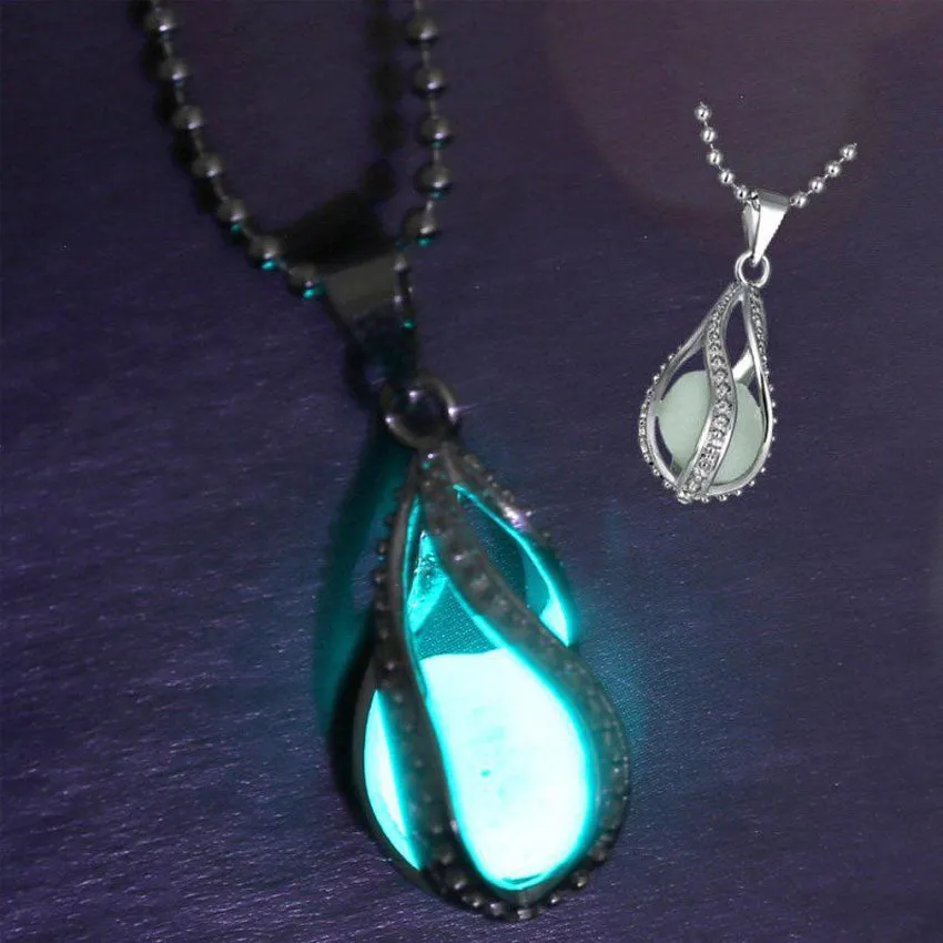 Fashion fluorite rhinsetone Women The Little Mermaid's Teardrop Glow in Dark Pendant Necklace