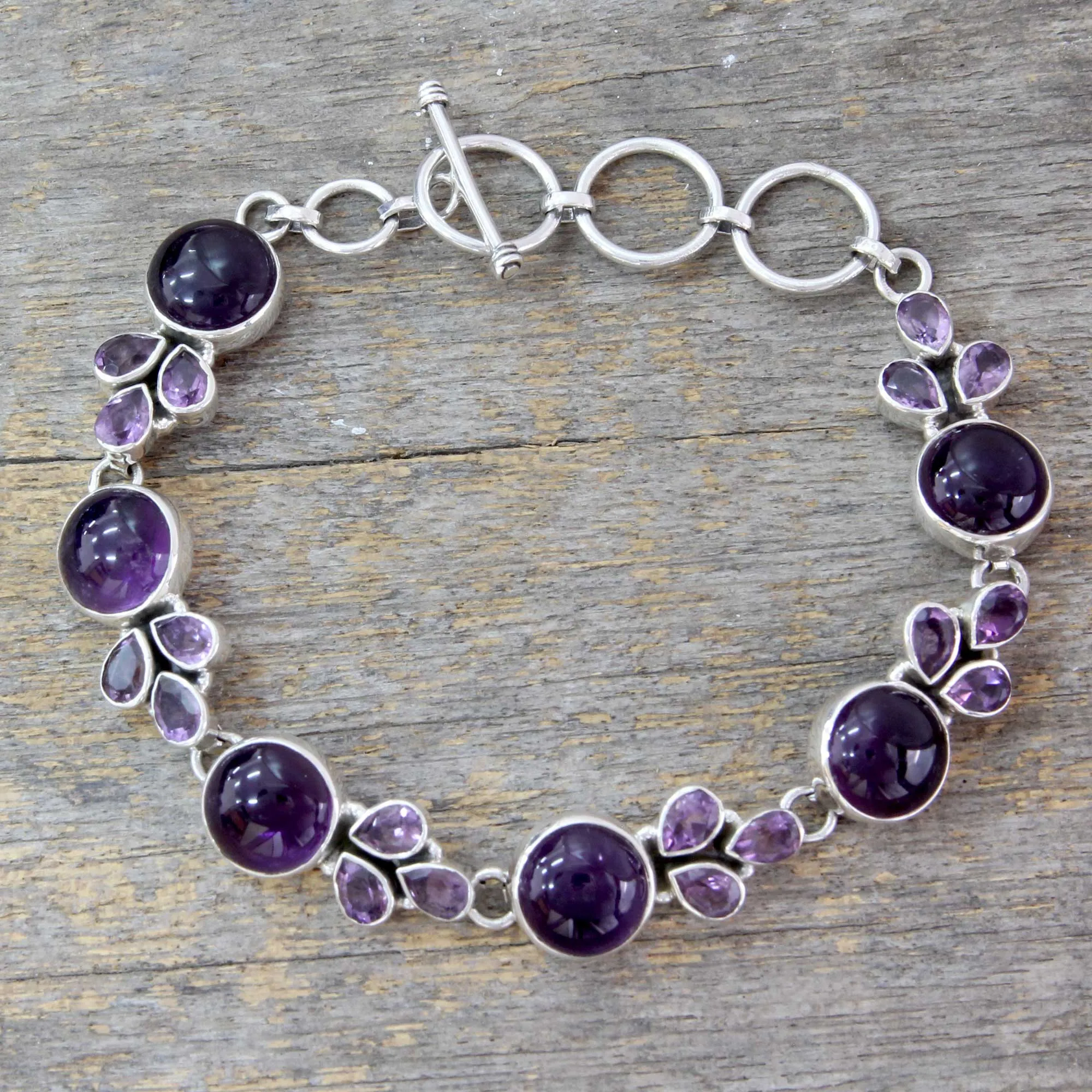 Glorious Purple Artisan Crafted Silver Link Bracelet with Amethysts