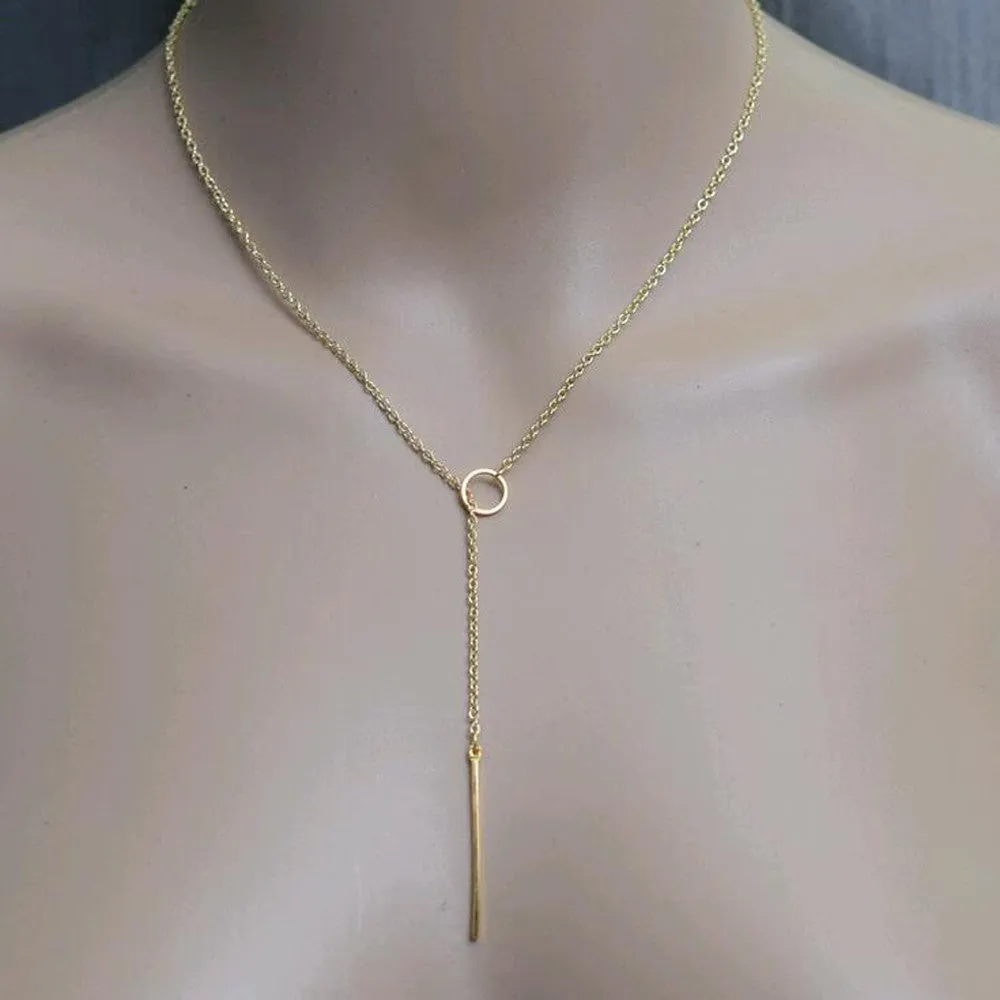 Gold plated metal chain bar circle lasso long strip necklace