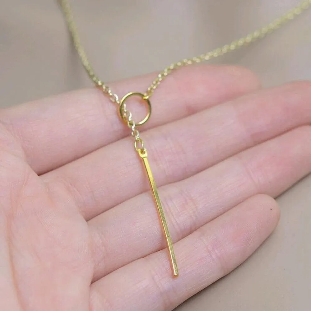 Gold plated metal chain bar circle lasso long strip necklace