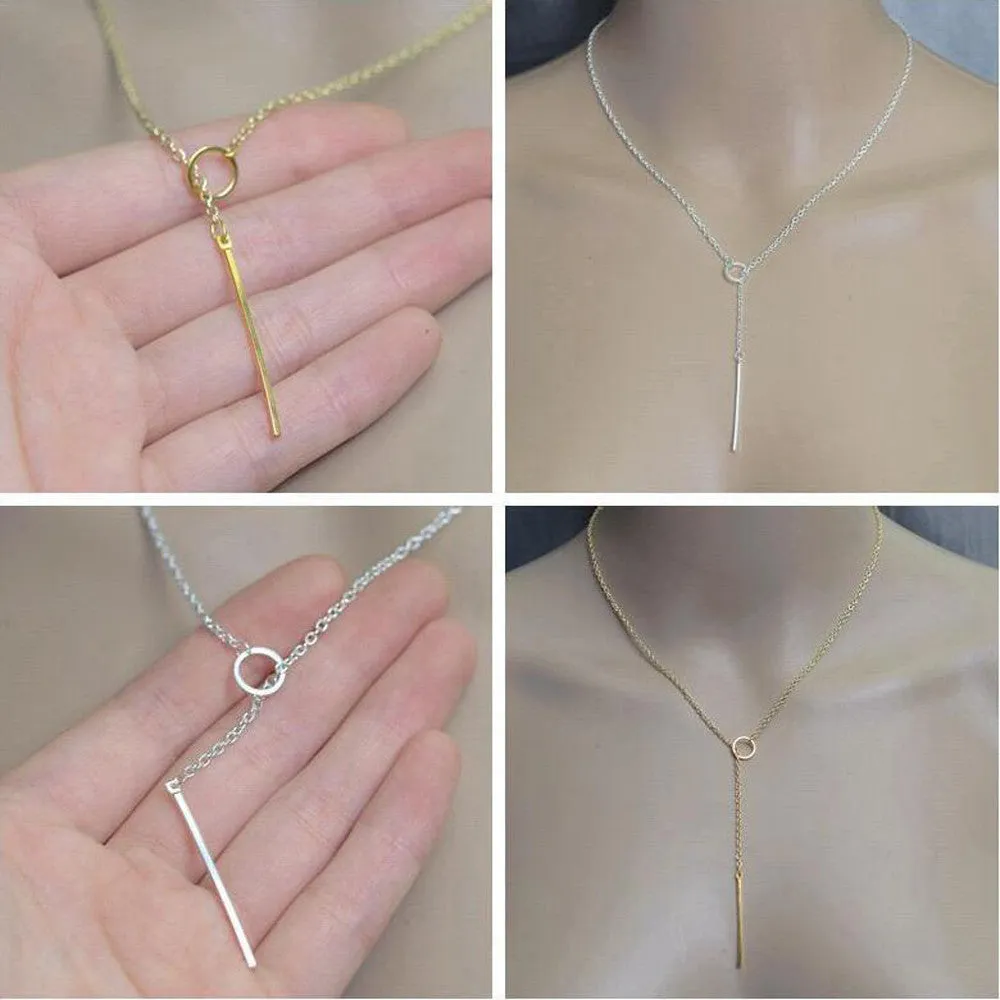 Gold plated metal chain bar circle lasso long strip necklace