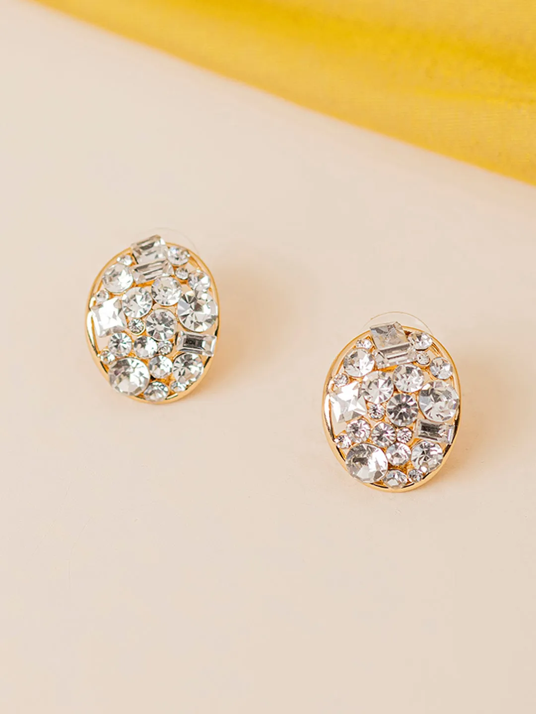 Golden Oversized Stud Earrings with American Diamond Stone - Bold and Luxurious