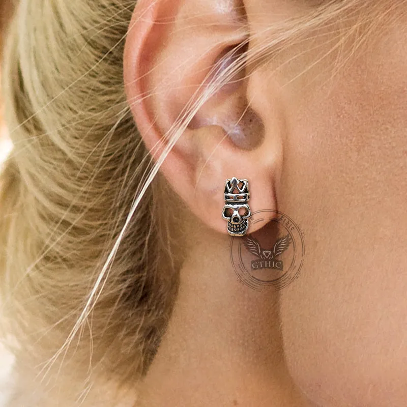 Gothic Crown Skull Head Stainless Steel Stud Earrings