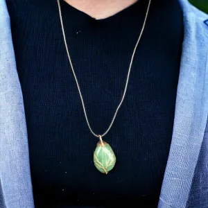 Green Gemstone Pendant Wrapped w/ Gold Tree of Life