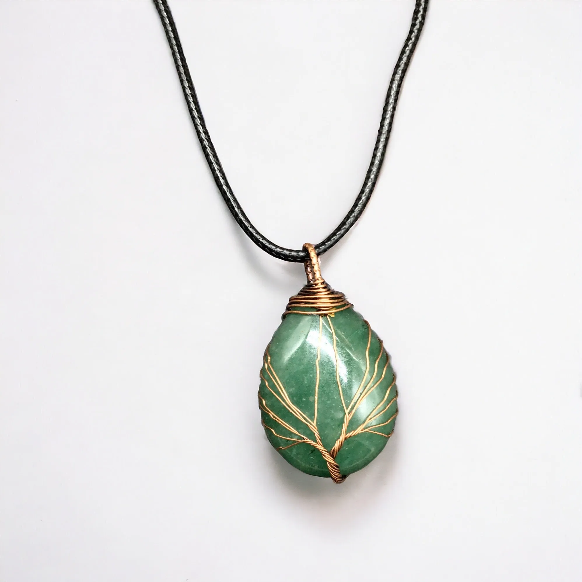 Green Gemstone Pendant Wrapped w/ Gold Tree of Life