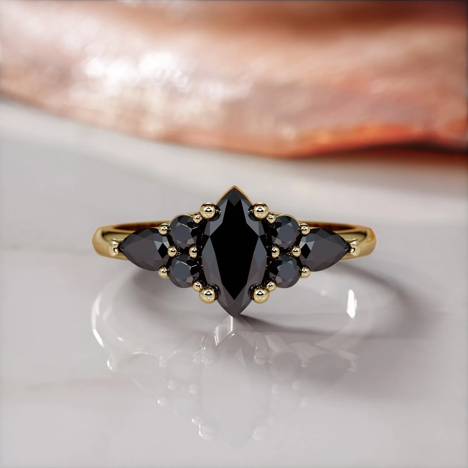 Hidden Nodes -   Art Deco  Natural Black Diamond Marquise Engagement Ring in Yellow Gold