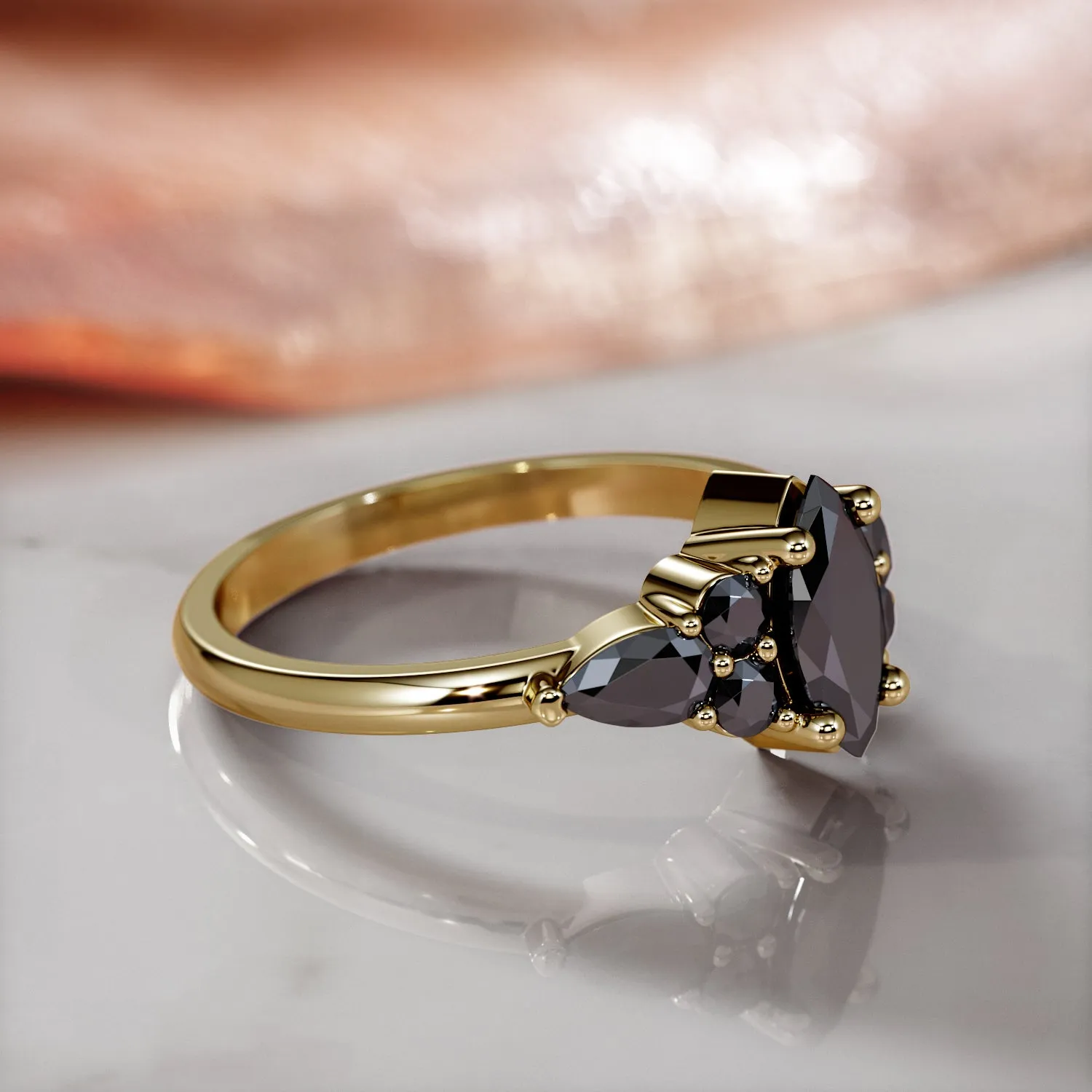 Hidden Nodes -   Art Deco  Natural Black Diamond Marquise Engagement Ring in Yellow Gold