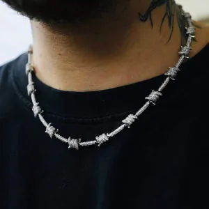 Iced Barbed Wire Necklace in White Gold