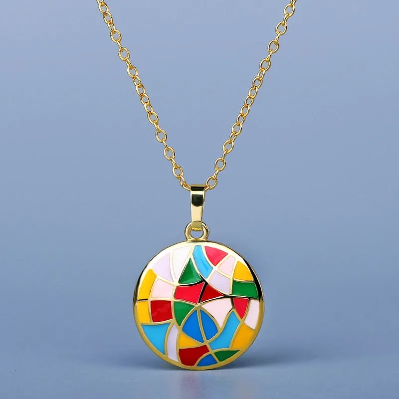 Irregular Geometric Enamel Pendant Necklaces for Women with Zircon in Gold Color