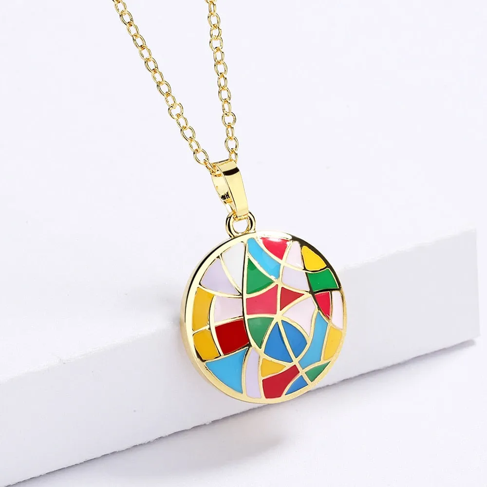 Irregular Geometric Enamel Pendant Necklaces for Women with Zircon in Gold Color