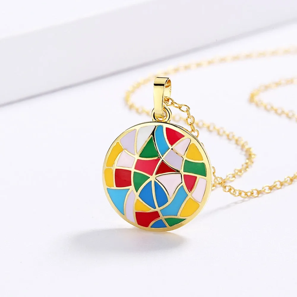 Irregular Geometric Enamel Pendant Necklaces for Women with Zircon in Gold Color