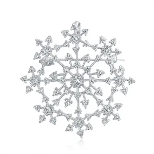 Large CZ Pave Snowflake Brooch Pin Silver Plated Brass Winter Holiday Scarf