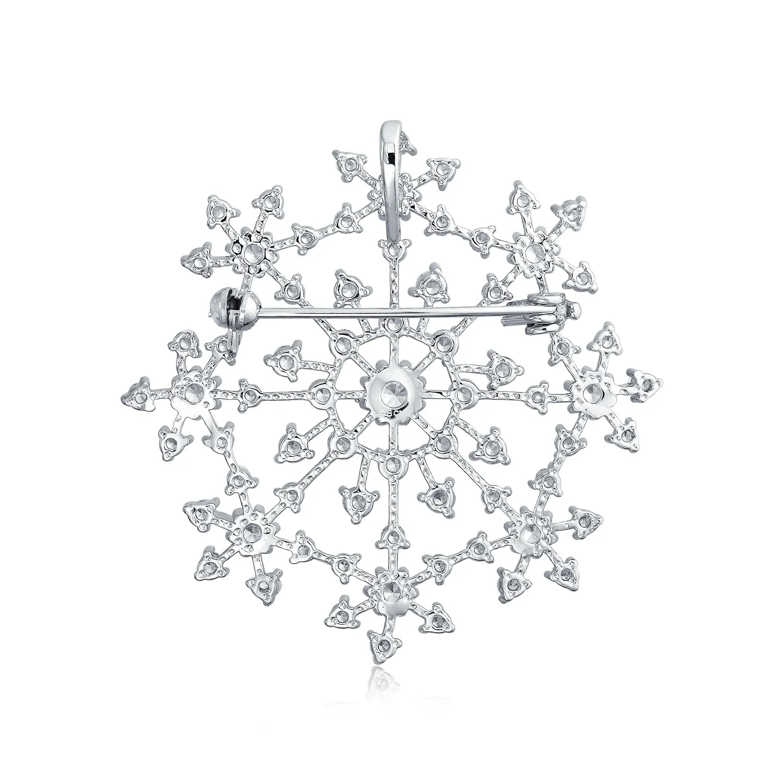 Large CZ Pave Snowflake Brooch Pin Silver Plated Brass Winter Holiday Scarf