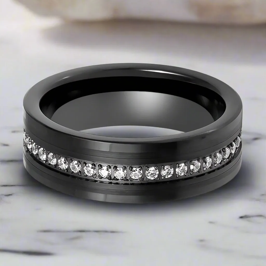 MAJESTIC | Black Tungsten Ring, Diamond Stimulant CZ Eternity, Flat