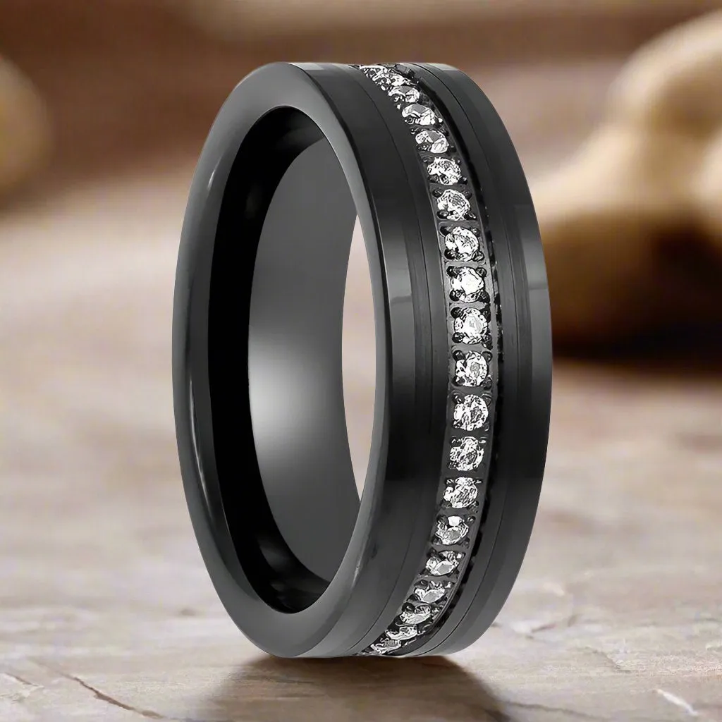 MAJESTIC | Black Tungsten Ring, Diamond Stimulant CZ Eternity, Flat