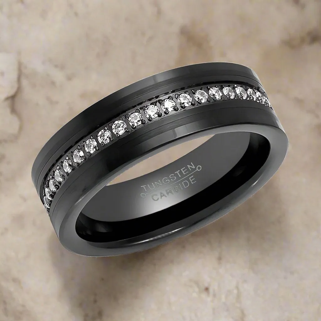 MAJESTIC | Black Tungsten Ring, Diamond Stimulant CZ Eternity, Flat