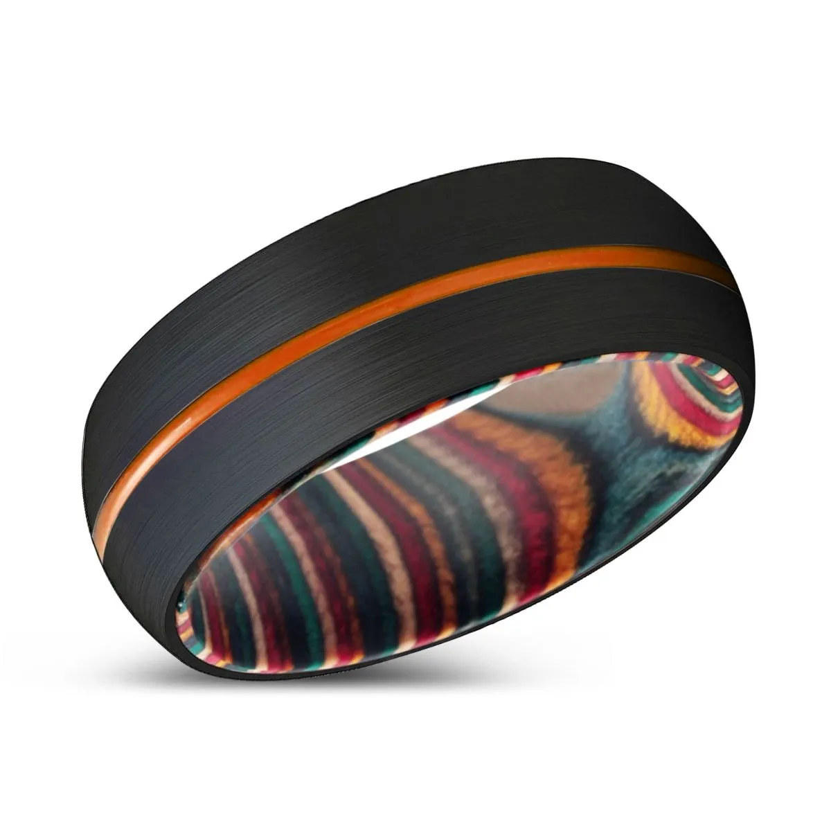 MAJESTIC | Multi Color Wood, Black Tungsten Ring, Orange Groove, Domed