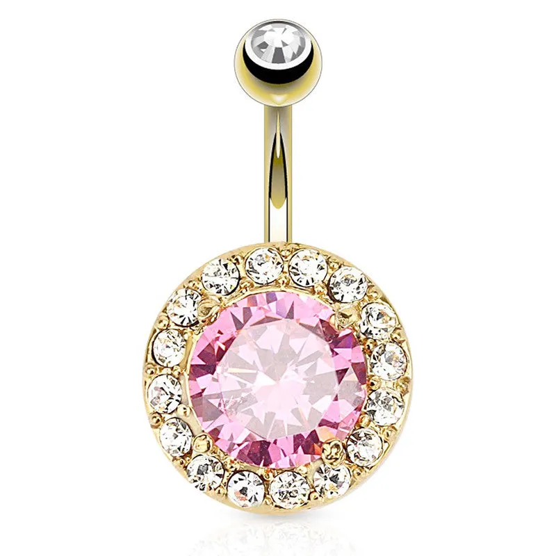 Majestic Pink Gem Navel Bar with Gold Plating