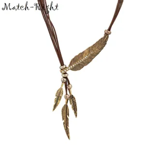 Match-Right Necklace Alloy Feather Statement Necklaces Pendants Vintage Jewelry Rope Chain Necklace Women Accessories  NL535