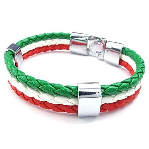 Men Feather Bracelet, Italy Flag Italian Banner Cuff Bangle, Red White Green, 8" 8.5" 9"