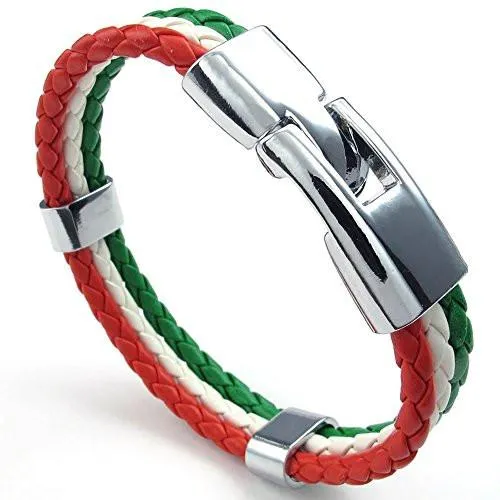 Men Feather Bracelet, Italy Flag Italian Banner Cuff Bangle, Red White Green, 8" 8.5" 9"