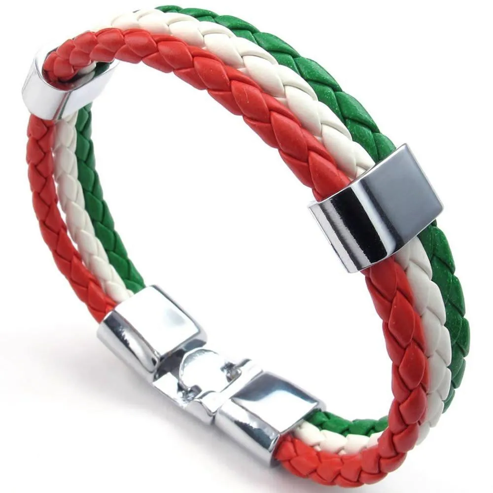 Men Feather Bracelet, Italy Flag Italian Banner Cuff Bangle, Red White Green, 8" 8.5" 9"