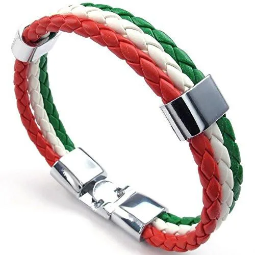 Men Feather Bracelet, Italy Flag Italian Banner Cuff Bangle, Red White Green, 8" 8.5" 9"