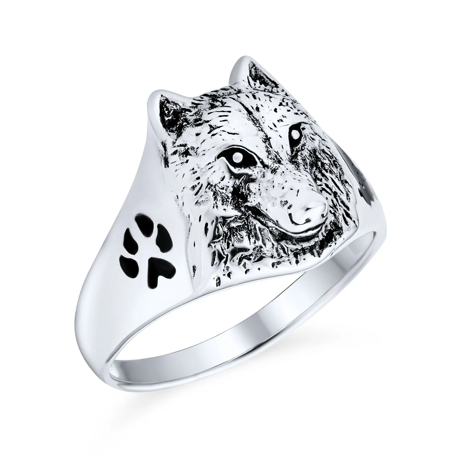 Mens Silver Ring with Wolf Paw Print Norse Viking Warrior Signet Oxidized .925 Sterling