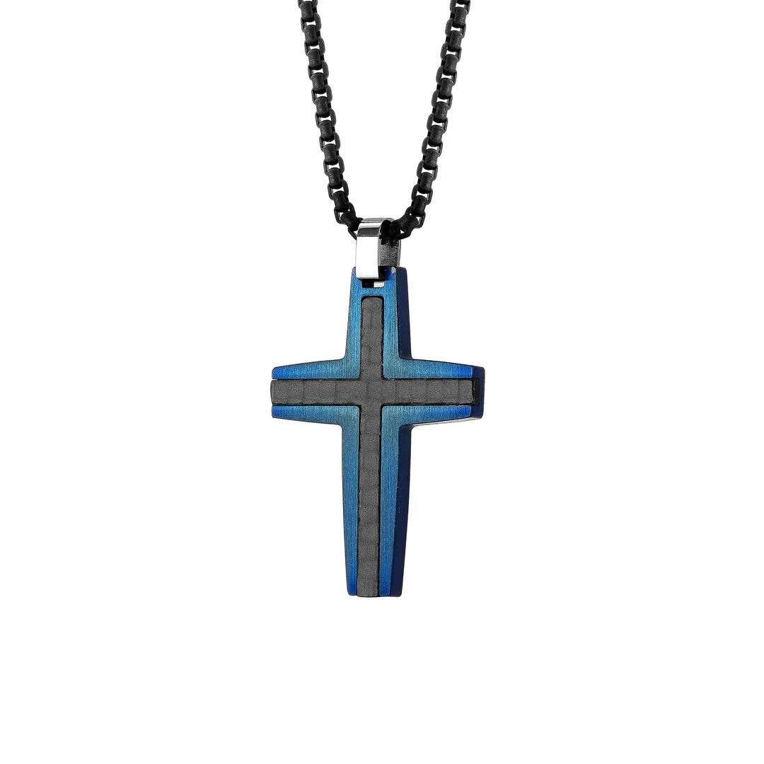 Micah Ion Plated Stainless Steel Polished Brushed Carbon Fiber Cross Necklace