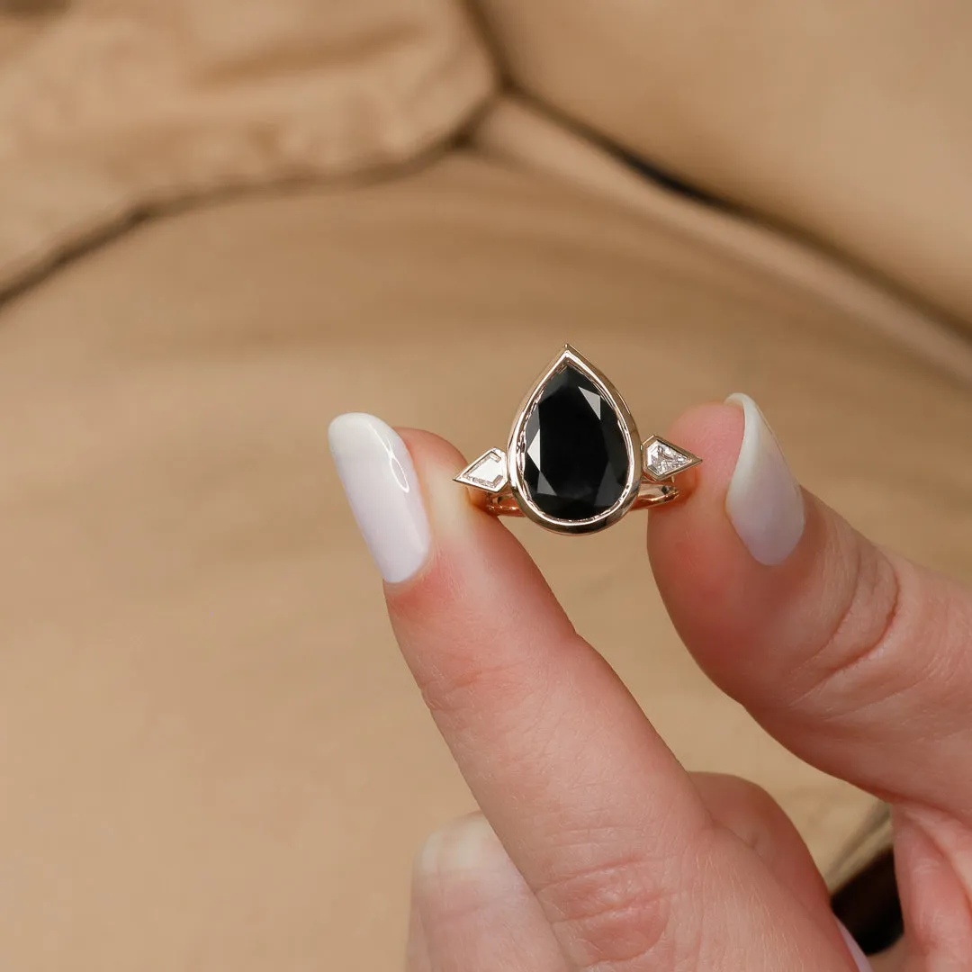 Moonless Night Three Stone  Natural Black Diamond Pear Engagement Ring